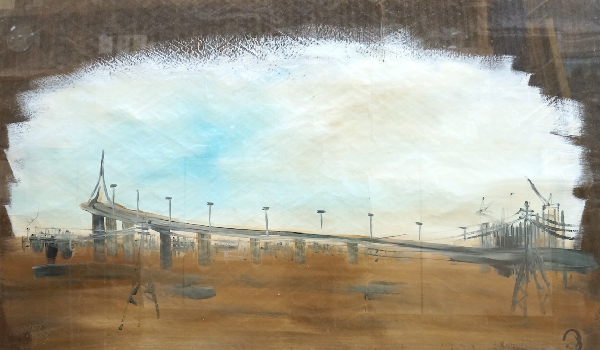 Contemporary, oil on paper, Riverscape with bridge, indistinctly monogrammed, 69 x 116cm